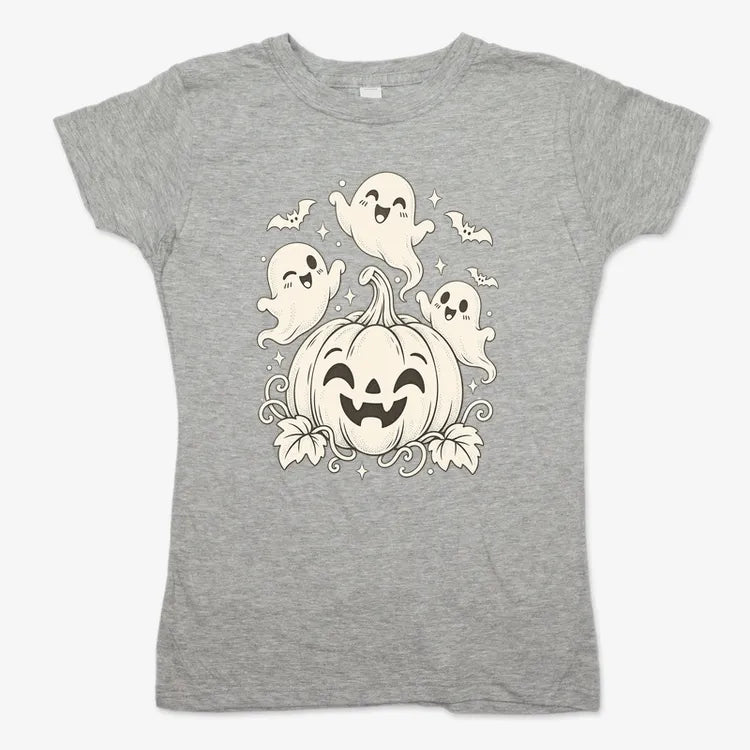 Happy Pumpkin and Ghosts-Women's T-Shirt-Gray Granite
