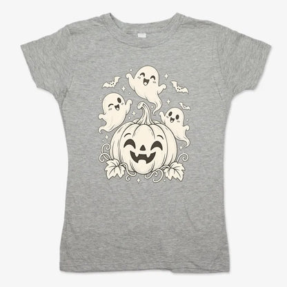 Happy Pumpkin and Ghosts-Women's T-Shirt-Gray Granite