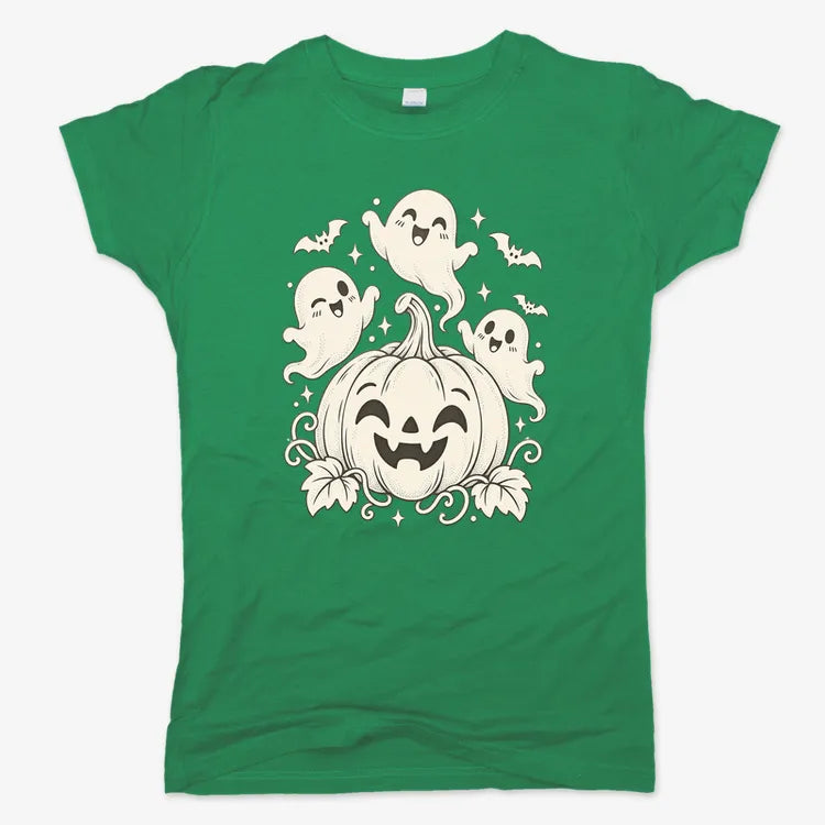Happy Pumpkin and Ghosts-Women's T-Shirt-Lucky Green