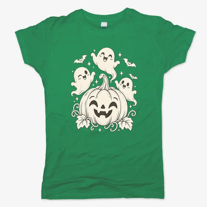 Happy Pumpkin and Ghosts-Women's T-Shirt-Lucky Green