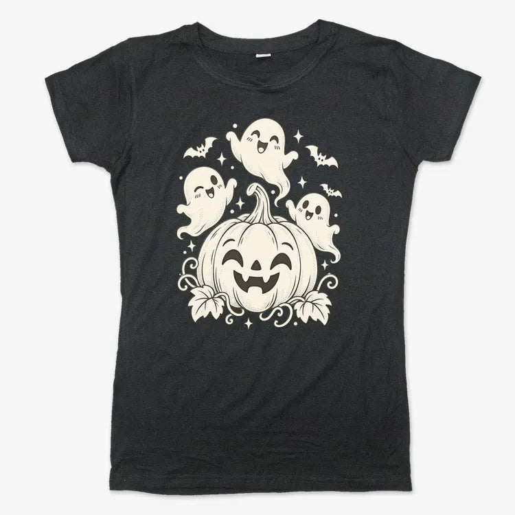 Happy Pumpkin and Ghosts-Women's T-Shirt-Midnight