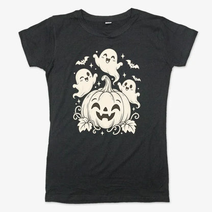 Happy Pumpkin and Ghosts-Women's T-Shirt-Midnight