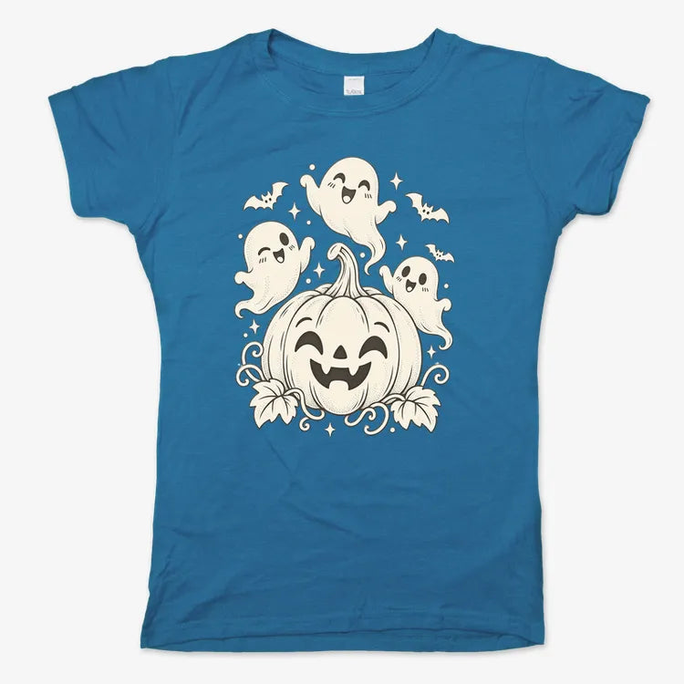 Happy Pumpkin and Ghosts-Women's T-Shirt-Sky Blue