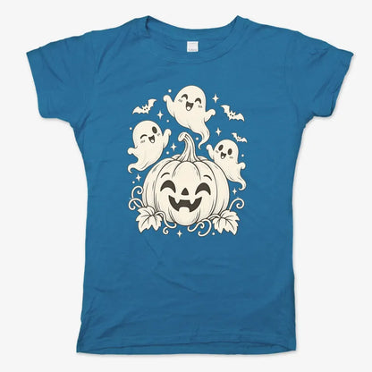Happy Pumpkin and Ghosts-Women's T-Shirt-Sky Blue