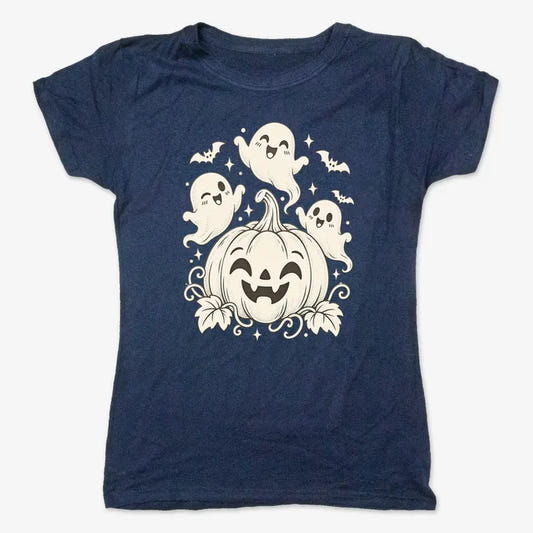 Happy Pumpkin and Ghosts-Women's T-Shirt-True Navy