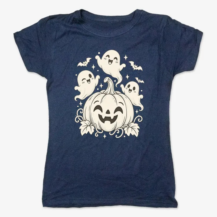 Happy Pumpkin and Ghosts-Women's T-Shirt-True Navy