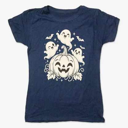 Happy Pumpkin and Ghosts-Women's T-Shirt-True Navy