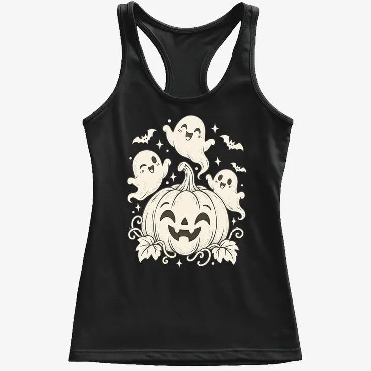 Happy Pumpkin and Ghosts-Women's Tank Top-Midnight