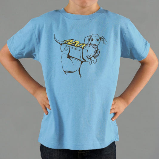 Hot Dog Dog Dachshund in a Bun graphic Kids T-Shirt in Blue