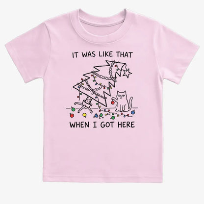 It Was Like That When I Got Here Funny Christmas Cat Tee-Kids T-Shirt-Pink