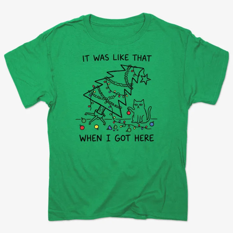It Was Like That When I Got Here Funny Christmas Cat Tee-Unisex Heavyweight T-Shirt-Kelly Green Heather