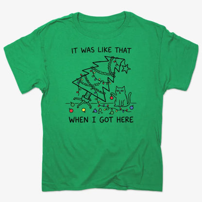 It Was Like That When I Got Here Funny Christmas Cat Tee-Unisex Heavyweight T-Shirt-Kelly Green Heather