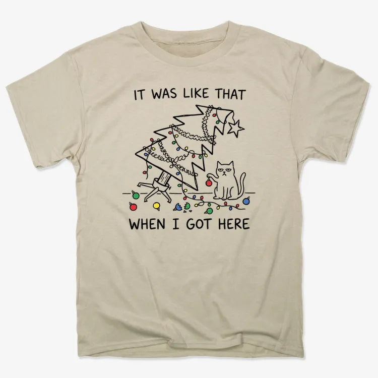 It Was Like That When I Got Here Funny Christmas Cat Tee-Unisex Heavyweight T-Shirt-Sand