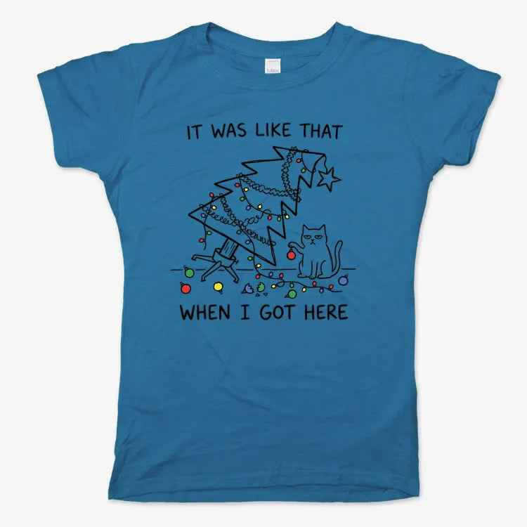 It Was Like That When I Got Here Funny Christmas Cat Tee-Women's T-Shirt-Sky Blue