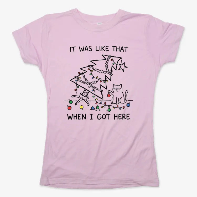 It Was Like That When I Got Here Funny Christmas Cat Tee-Women's T-Shirt-Soft Pink