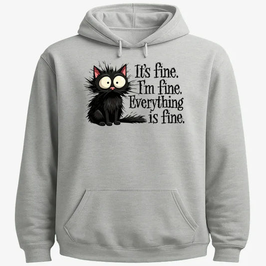 It's Fine I'm Fine Everything Is Fine Frazzled Cat-Hoodie-Gray Heather
