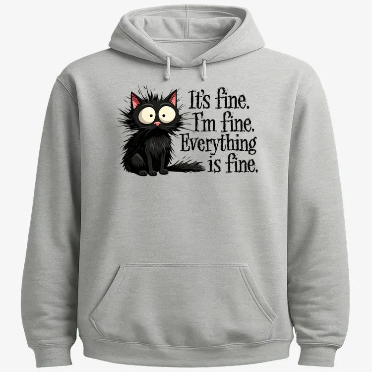 It's Fine I'm Fine Everything Is Fine Frazzled Cat-Hoodie-Gray Heather
