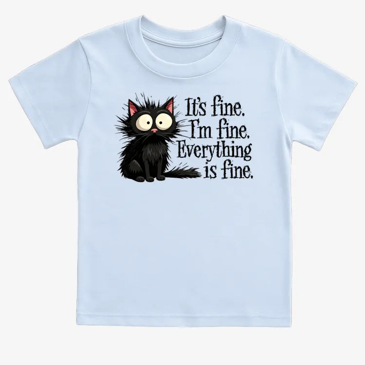 It's Fine I'm Fine Everything Is Fine Frazzled Cat-Kids T-Shirt-Blue