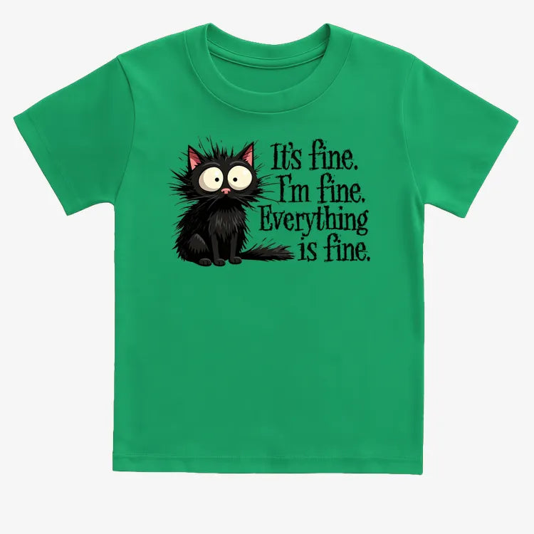 It's Fine I'm Fine Everything Is Fine Frazzled Cat-Kids T-Shirt-Green