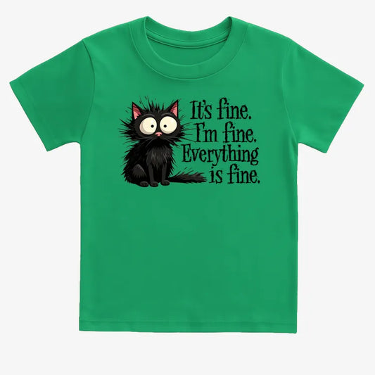 It's Fine I'm Fine Everything Is Fine Frazzled Cat-Kids T-Shirt-Green