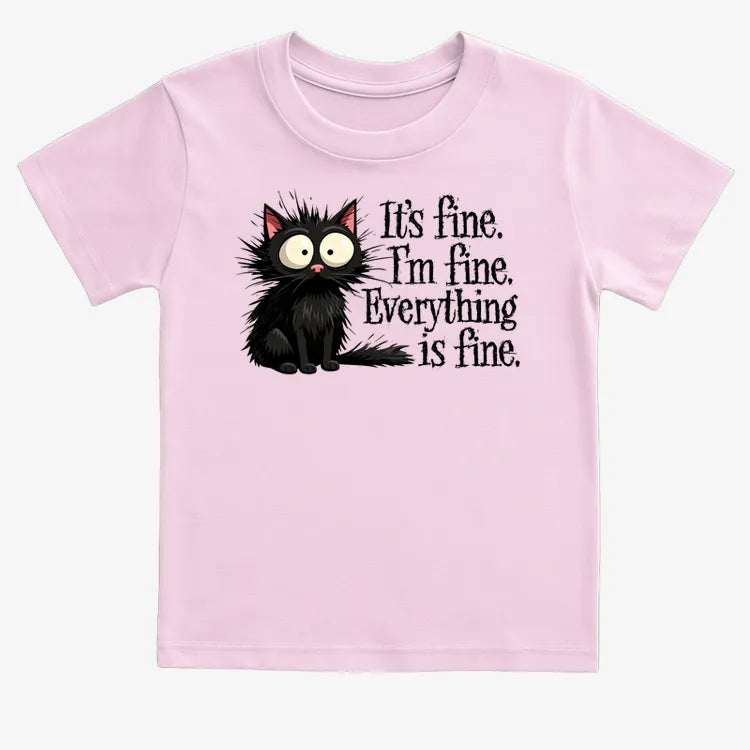 It's Fine I'm Fine Everything Is Fine Frazzled Cat-Kids T-Shirt-Pink
