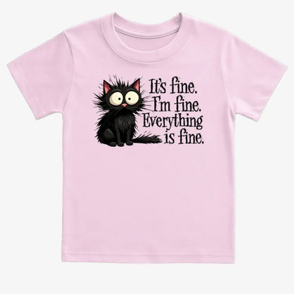 It's Fine I'm Fine Everything Is Fine Frazzled Cat-Kids T-Shirt-Pink