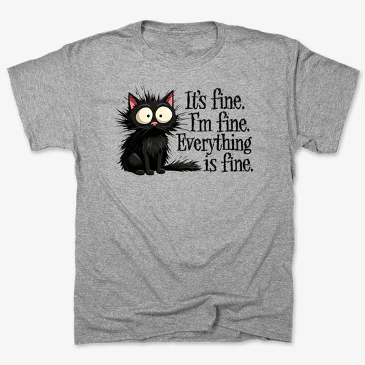 It's Fine I'm Fine Everything Is Fine Frazzled Cat-Men's T-Shirt-Gray Heather