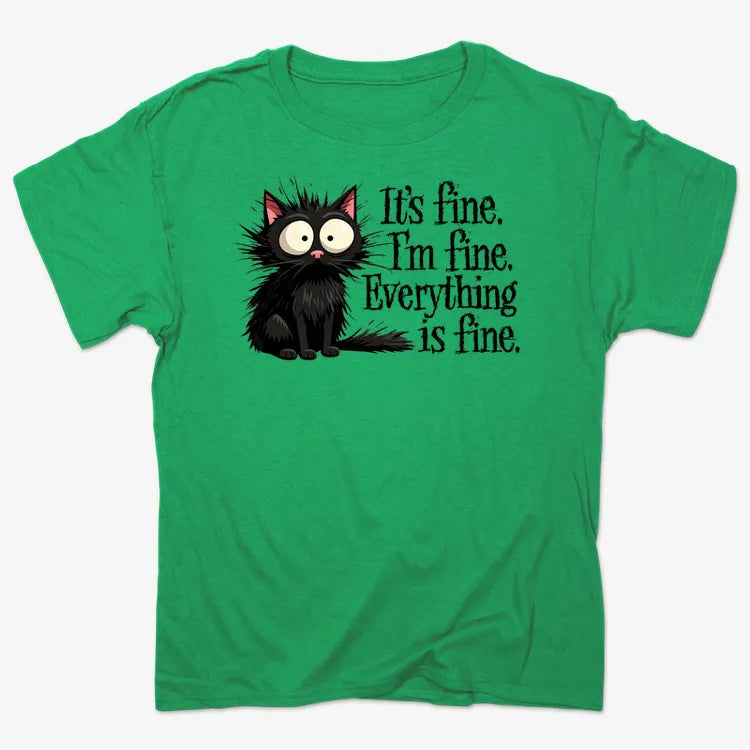 It's Fine I'm Fine Everything Is Fine Frazzled Cat-Men's T-Shirt-Kelly Green Heather