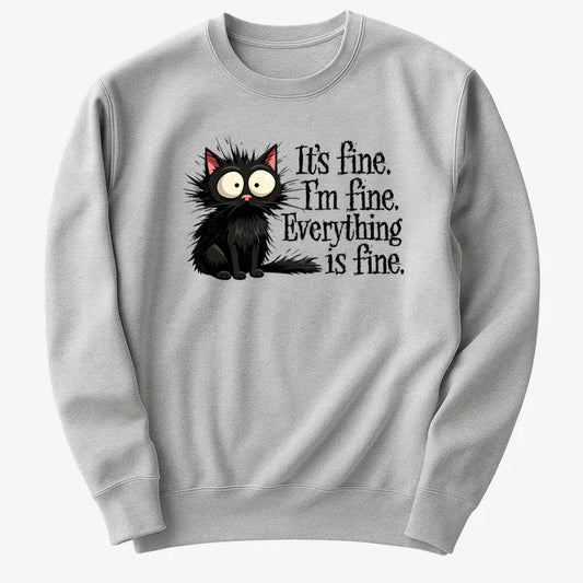 It's Fine I'm Fine Everything Is Fine Frazzled Cat-Sweater-Gray Heather