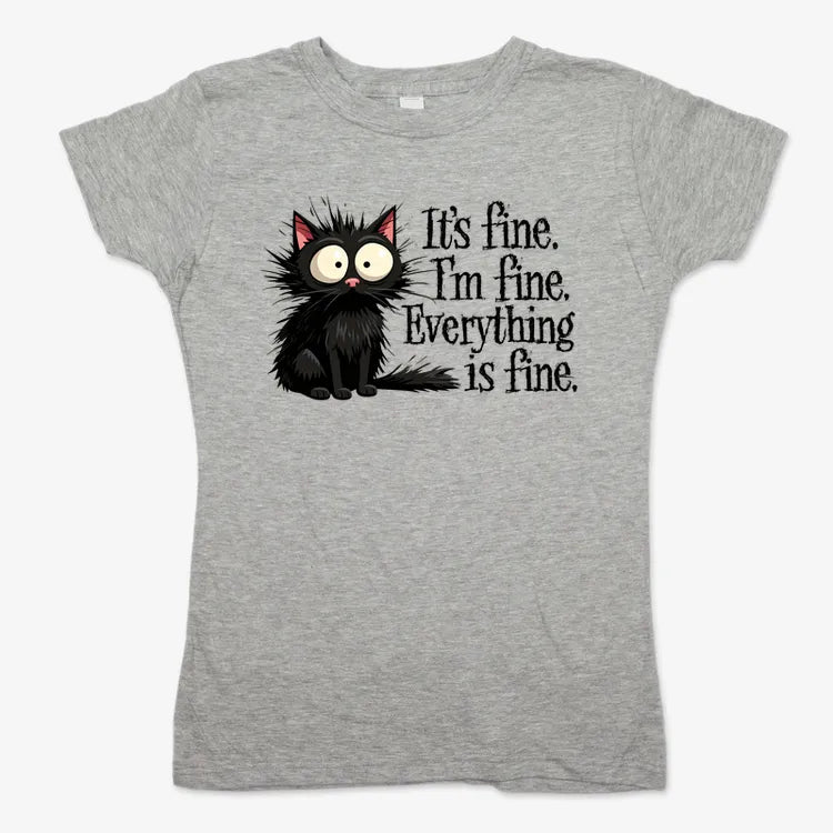 It's Fine I'm Fine Everything Is Fine Frazzled Cat-Women's T-Shirt-Gray Granite