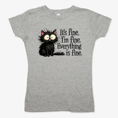 It's Fine I'm Fine Everything Is Fine Frazzled Cat-Women's T-Shirt-Gray Granite