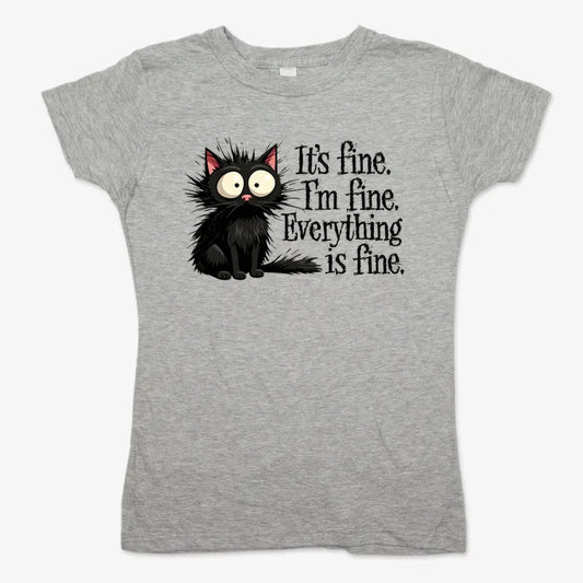 It's Fine I'm Fine Everything Is Fine Frazzled Cat-Women's T-Shirt-Gray Granite