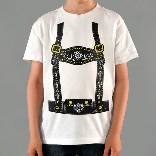 Lederhosen Costume with Suspenders and Floral Embroidery graphic Kids T-Shirt in White
