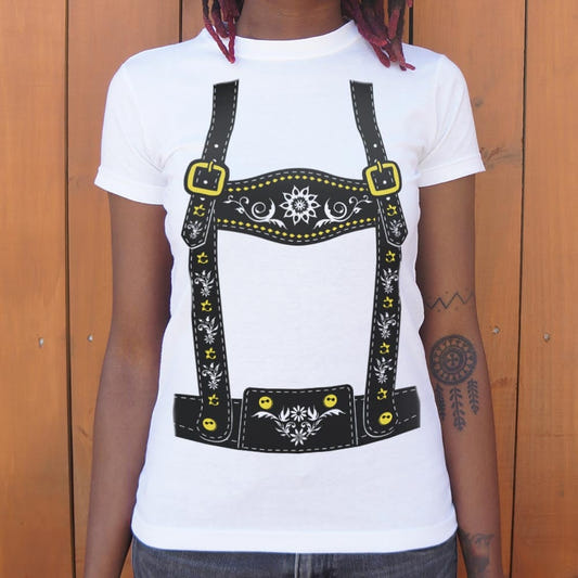 Lederhosen Costume with Suspenders and Floral Embroidery graphic Women's T-Shirt in Snow