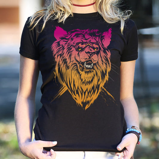 Lion-el Rich-eyes Neon Lion Wearing Sunglasses graphic Women's T-Shirt in Midnight