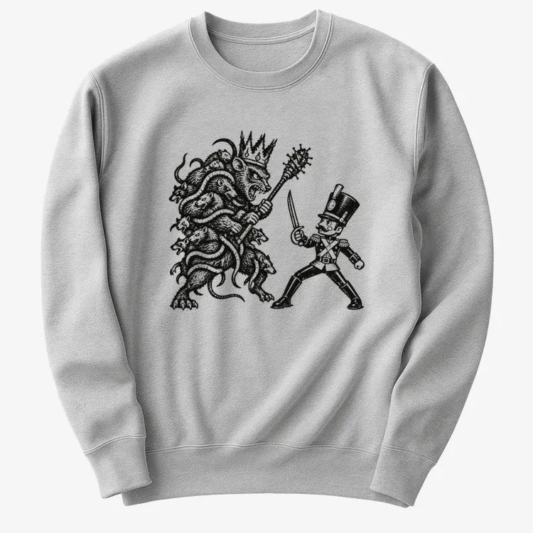 Nutcracker Rat King Duel Woodblock Print-Sweatshirt-Gray Heather