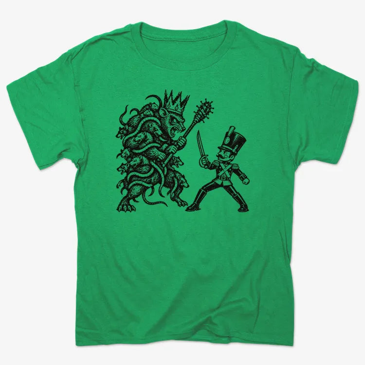 Nutcracker Rat King Duel Woodblock Print-Unisex Heavyweight T-Shirt-Kelly Green Heather