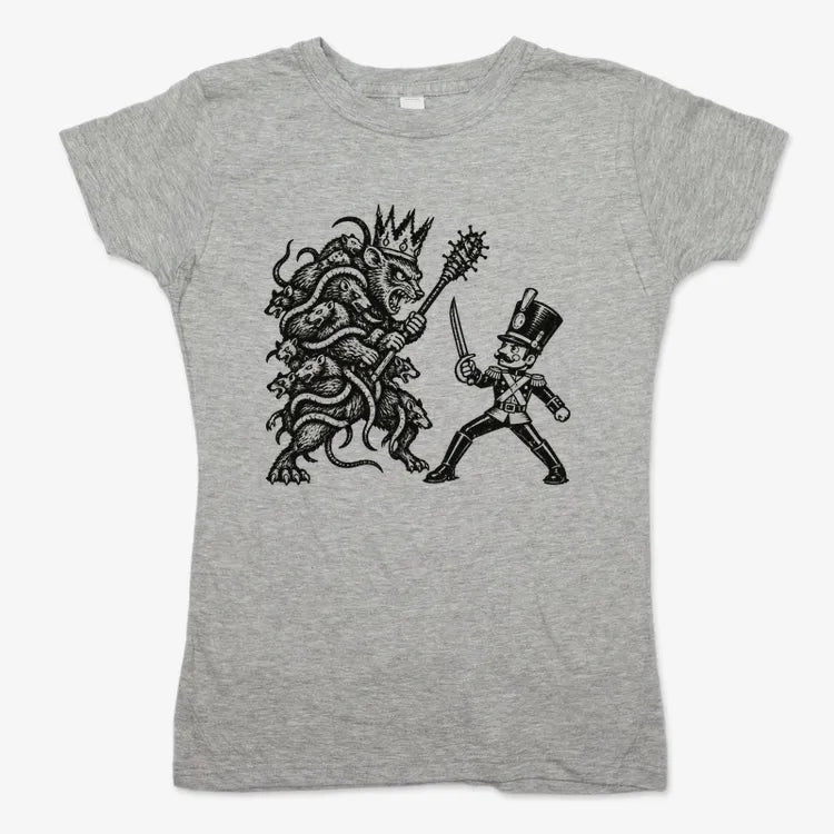 Nutcracker Rat King Duel Woodblock Print-Women's T-Shirt-Gray Granite