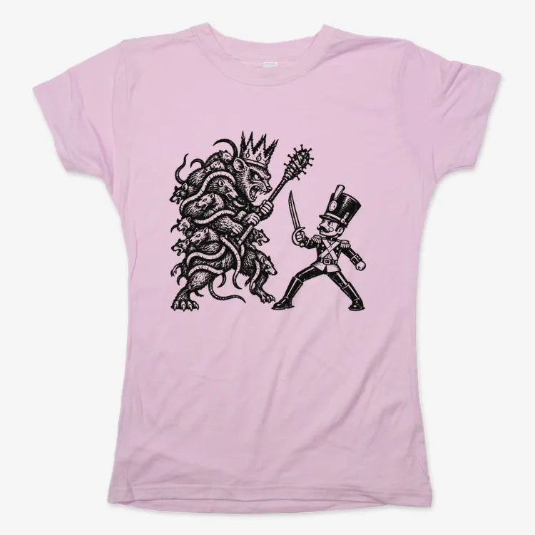 Nutcracker Rat King Duel Woodblock Print-Women's T-Shirt-Soft Pink