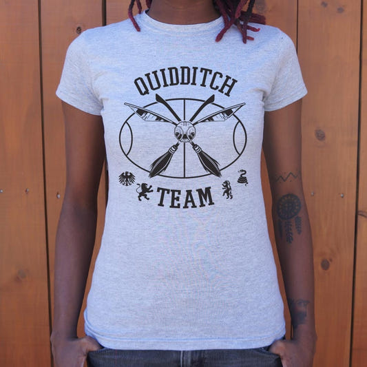 Quidditch Team Crossed Broomsticks Emblem graphic Women's T-Shirt in Gray Granite