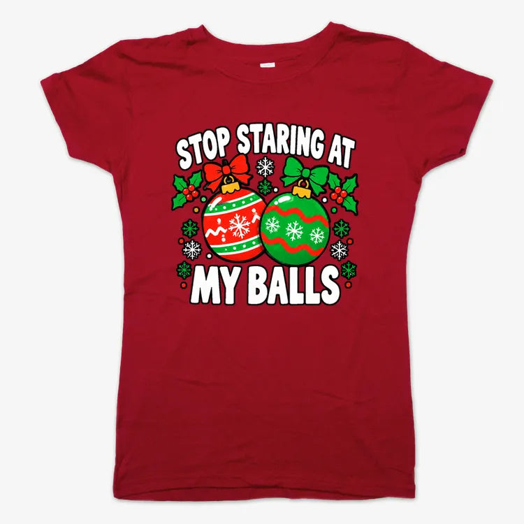 Stop Staring at My Balls-Women's T-Shirt-Deep Red