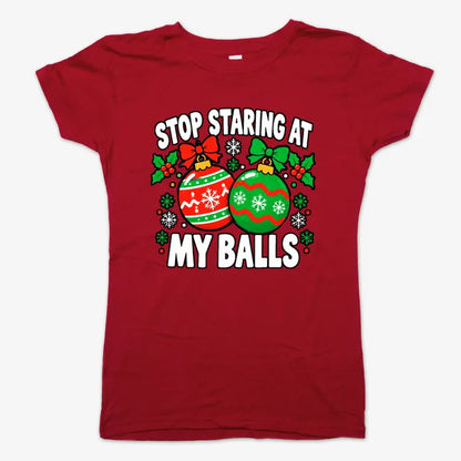 Stop Staring at My Balls-Women's T-Shirt-Deep Red