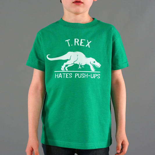 T. Rex Hates Push-Ups graphic Kids T-Shirt in Green