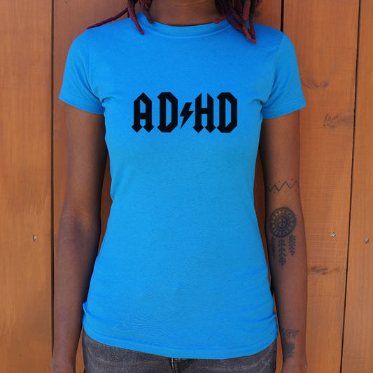 ADHD Lightning Bolt Rock Band Logo Parody graphic Women's T-Shirt in Sky Blue