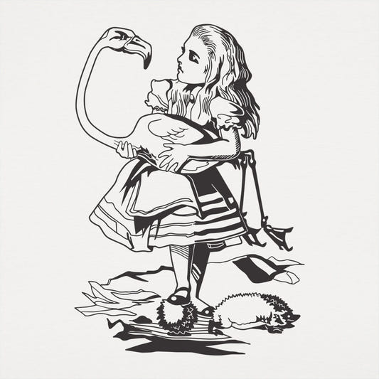 Alice Holding a Flamingo Croquet Mallet graphic Unisex Heavyweight T-Shirt in White
