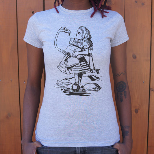 Alice Holding a Flamingo Croquet Mallet graphic Women's T-Shirt in Gray Granite