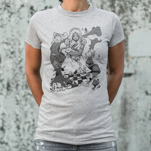 Alice In Wonderland with White Rabbit and Mad Hatter graphic Women's T-Shirt in Gray Granite