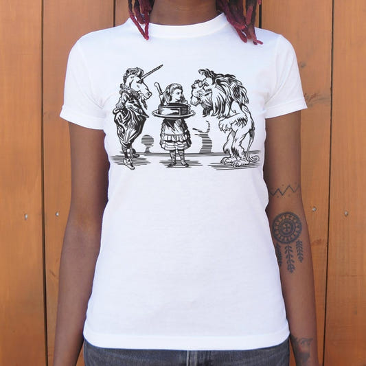 Alice And Unicorn With Lion graphic Women's T-Shirt in Snow
