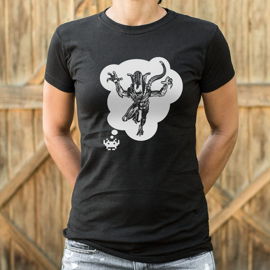 Alien Invader Pixel Game Character Dreaming graphic Women's T-Shirt in Midnight