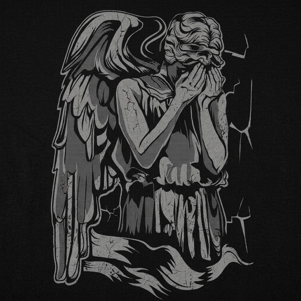 Angel Weeping Cracked Stone Statue Covering Its Face detail